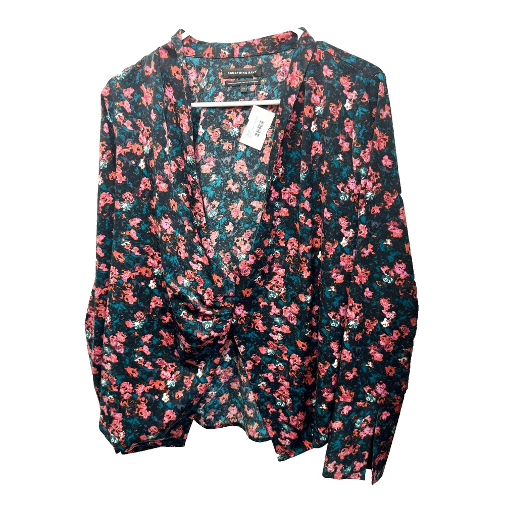 Something Navy Floral Long Sleeve Wrap Front Blouse Size Medium